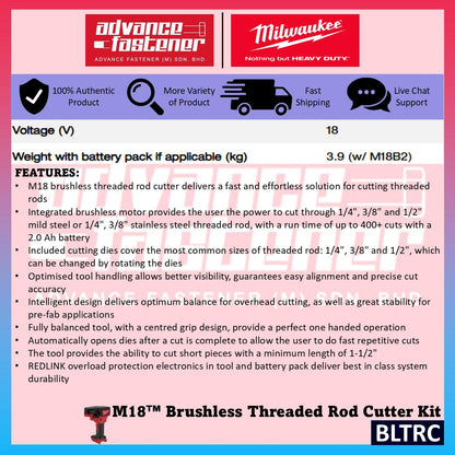 Milwaukee BLTRC-301C / BLTRC-0C M18 Brushless Threaded Rod Cutter Kit with BLTRC18ACCY01 Cutting Die 1/4" 3/8" 1/2"