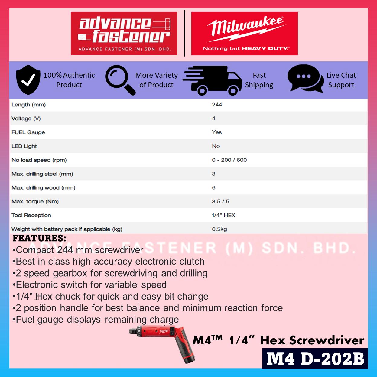 Milwaukee M4 D-202B M4 1/4" Hex Screwdriver