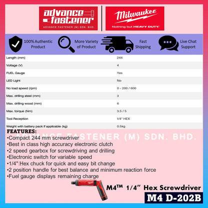 Milwaukee M4 D-202B M4 1/4" Hex Screwdriver