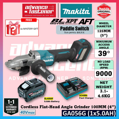 Makita GA056GZ 40Vmax Cordless Flat-head Angle Grinder 125MM (5") ( Paddle Switch )