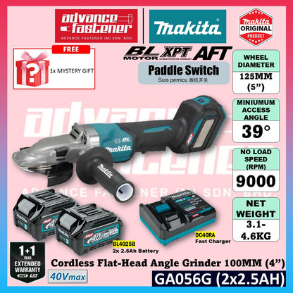 Makita GA056GZ 40Vmax Cordless Flat-head Angle Grinder 125MM (5") ( Paddle Switch )