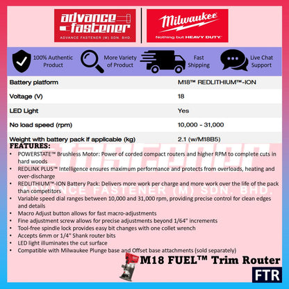 Milwaukee FTR-501 / FTR-0 M18 FUEL Trim Router / Trimmer