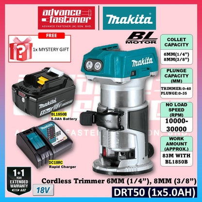Makita DRT50ZJX9 / DRT50Z 18V Cordless Trimmer Router 6MM (1/4") , 8MM (3/8") | Mesin Trimmer Kayu
