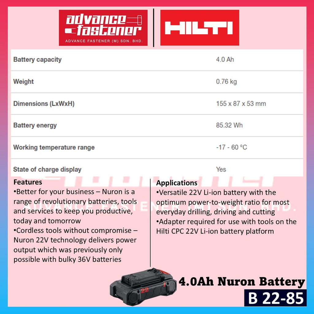 Hilti B 22-85 / B 22-55 / C 6-22 Nuron 2.6Ah / 4.0Ah Battery & 230V Fast Charger