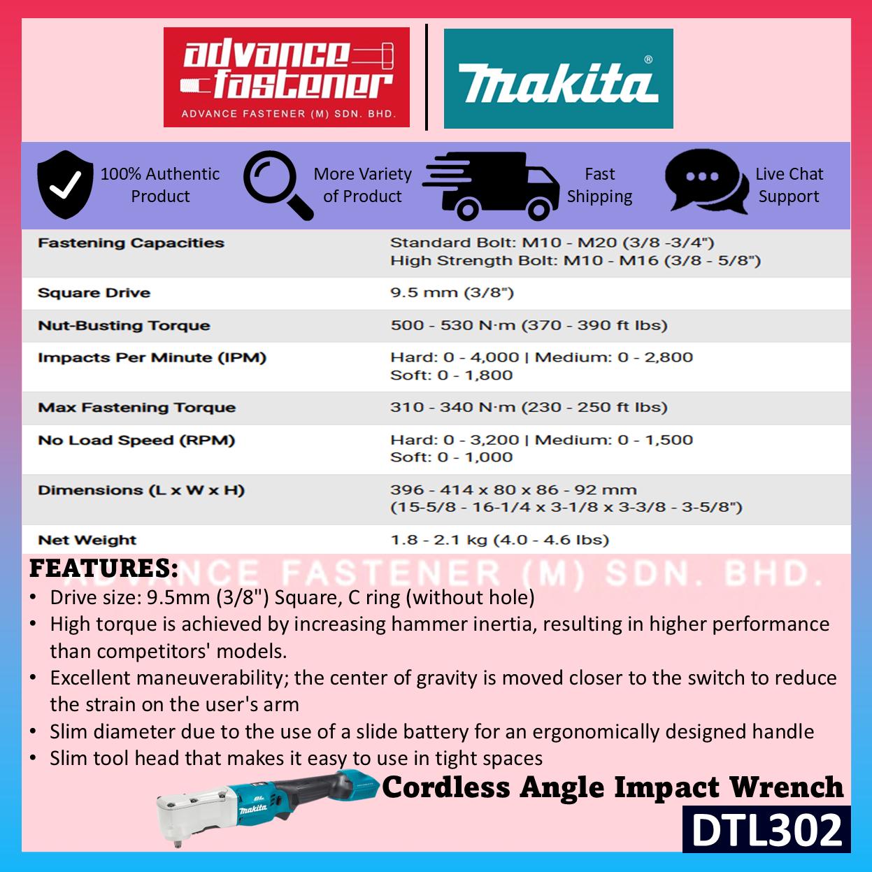 Makita DTL302 / DTL302Z 18V Cordless Angle Impact Wrench 9.5MM (3/8") (Brushless)