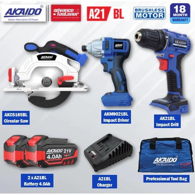 Akaido CBCS165-A1266 MEGA SAVE COMBO 21V ( AKCS165BL Circular Saw / AKM9021BL Impact Driver & AK21BL Impact Drill )