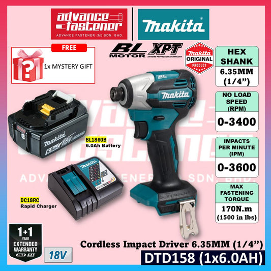 MAKITA DTD158WVE / DTD158Z 18V Cordless Impact Driver 6.35MM (1/4")
