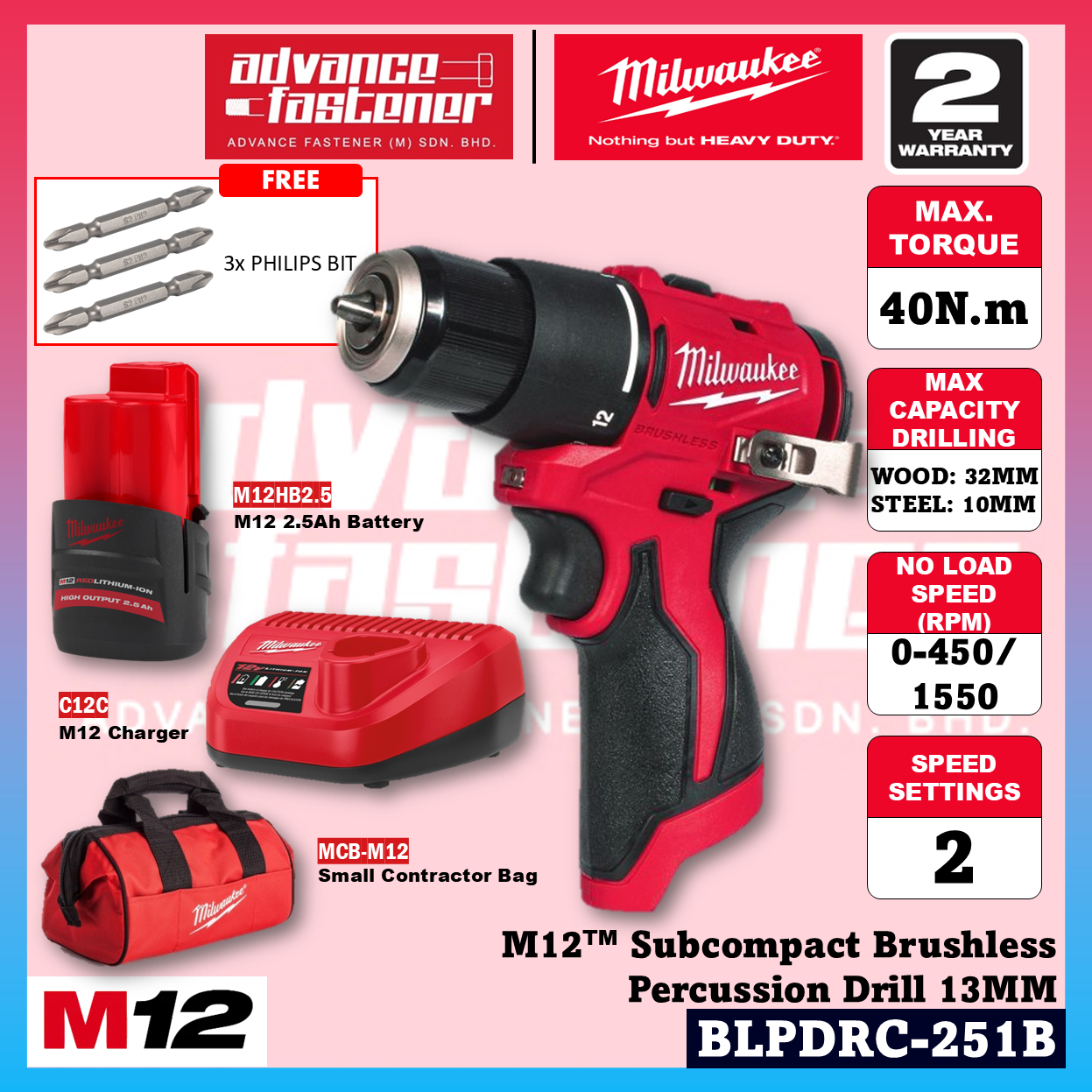 Milwaukee M12™ Compact Essential Kit ( FHAC16 M12 FUEL™ Compact SDS-Plus Rotary Hammer & BLPDRC M12™ Subcompact Brushless Percussion Drill )