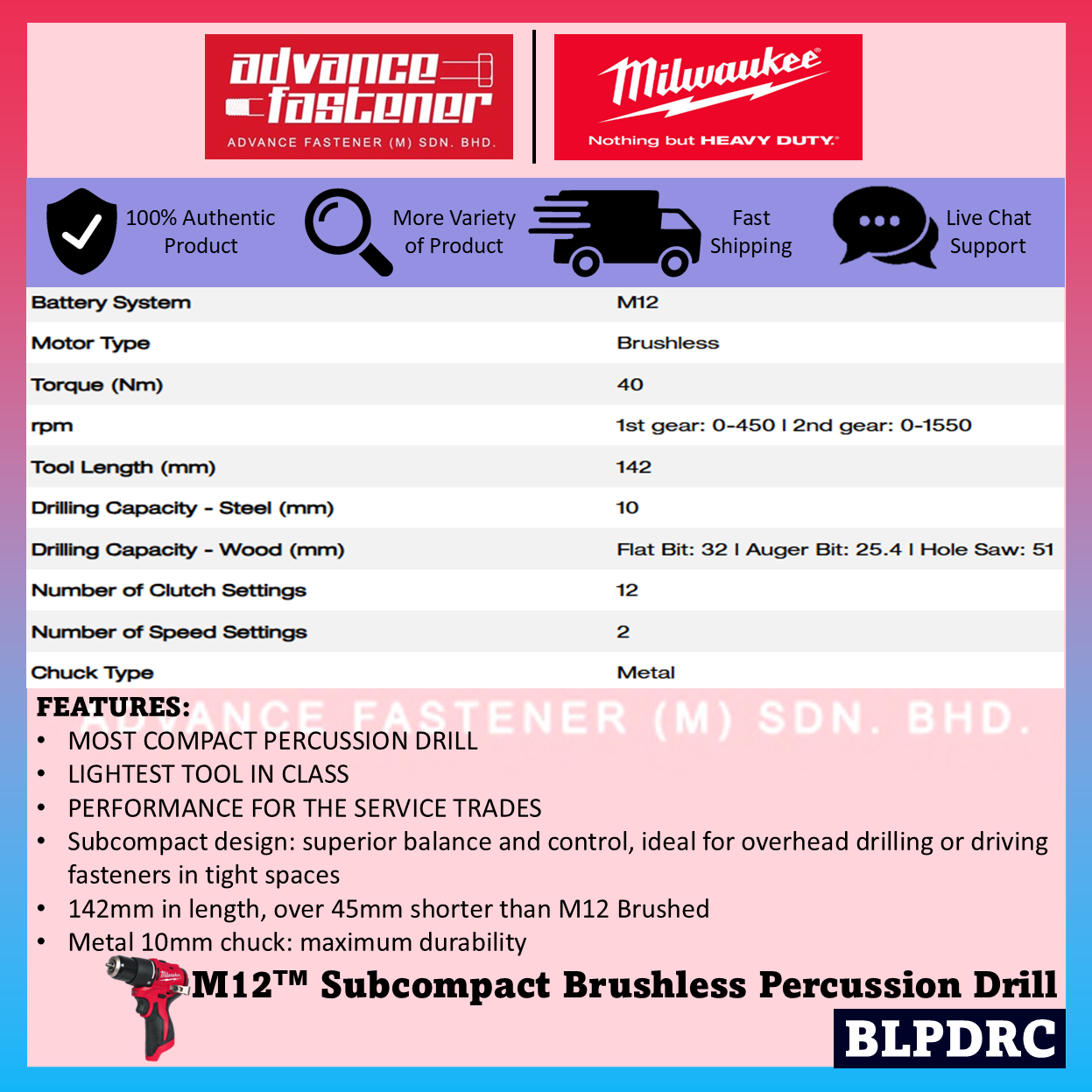Milwaukee M12™ Compact Essential Kit ( FHAC16 M12 FUEL™ Compact SDS-Plus Rotary Hammer & BLPDRC M12™ Subcompact Brushless Percussion Drill )