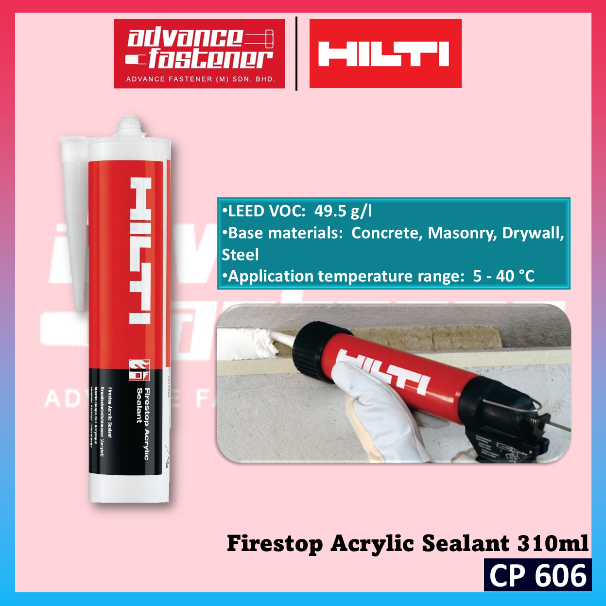 Hilti CP 606 Firestop Acrylic Sealant 310ml / 580ml ( Suitable material for Concrete, Masonry, Drywall, Steel )