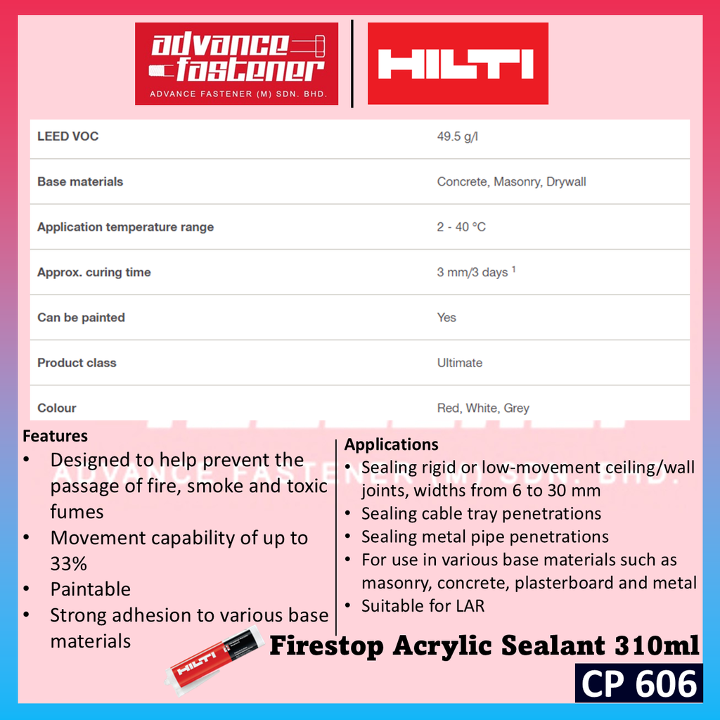 Hilti CP 606 Firestop Acrylic Sealant 310ml / 580ml ( Suitable material for Concrete, Masonry, Drywall, Steel )