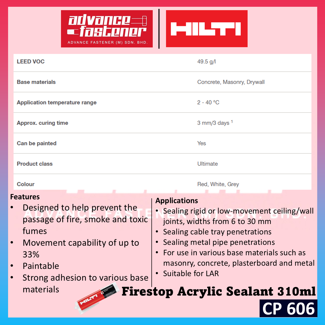 Hilti CP 606 Firestop Acrylic Sealant 310ml / 580ml ( Suitable material for Concrete, Masonry, Drywall, Steel )