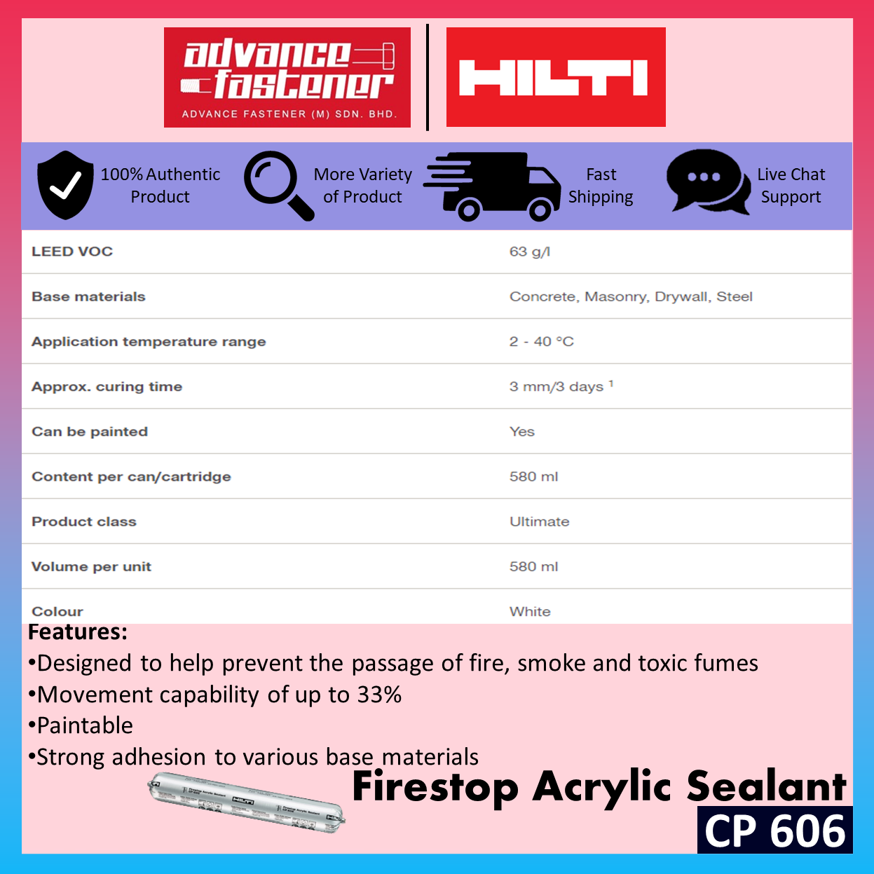 Hilti CP 606 Firestop Acrylic Sealant 310ml / 580ml ( Suitable material for Concrete, Masonry, Drywall, Steel )