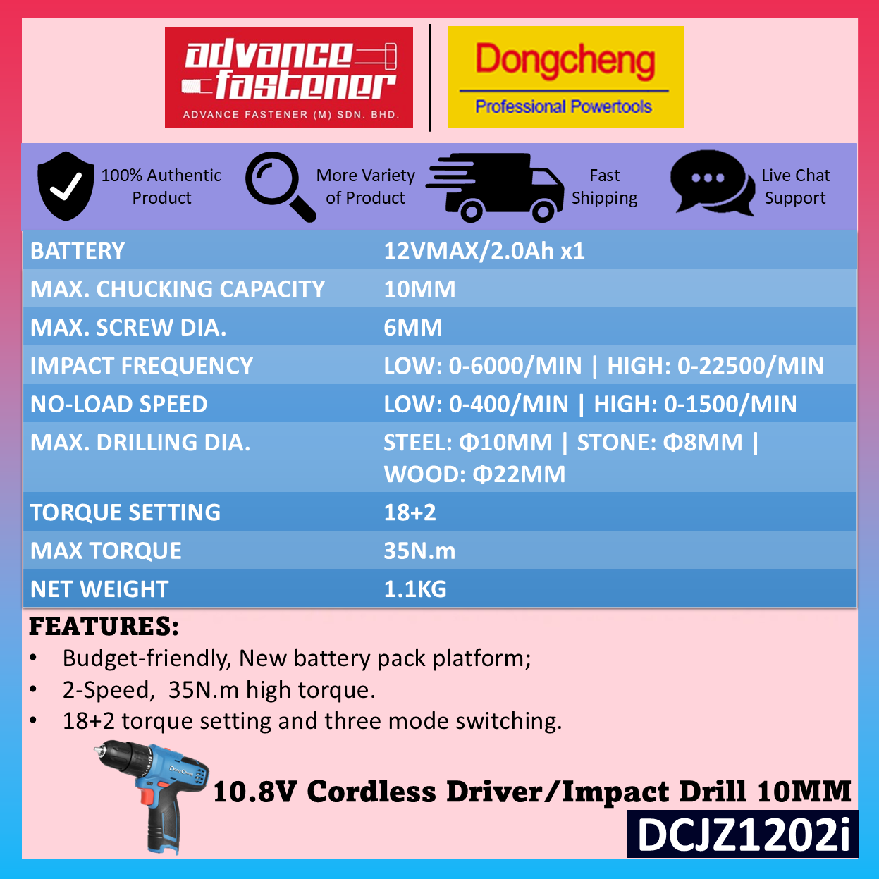 🔥CNY OFFER🔥 DONG CHENG DCJZ1202i / DCJZ1202 12Vmax / 10.8V Cordless Driver Drill / Impact Drill Combo Set ( TYPE E / TD )