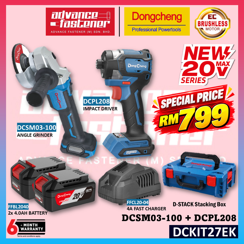 DONG CHENG 20V Cordless Combo Set DCKIT27EK ( DCSM03-100 Cordless Angle Grinder + DCPL208 Cordless Impact Driver )