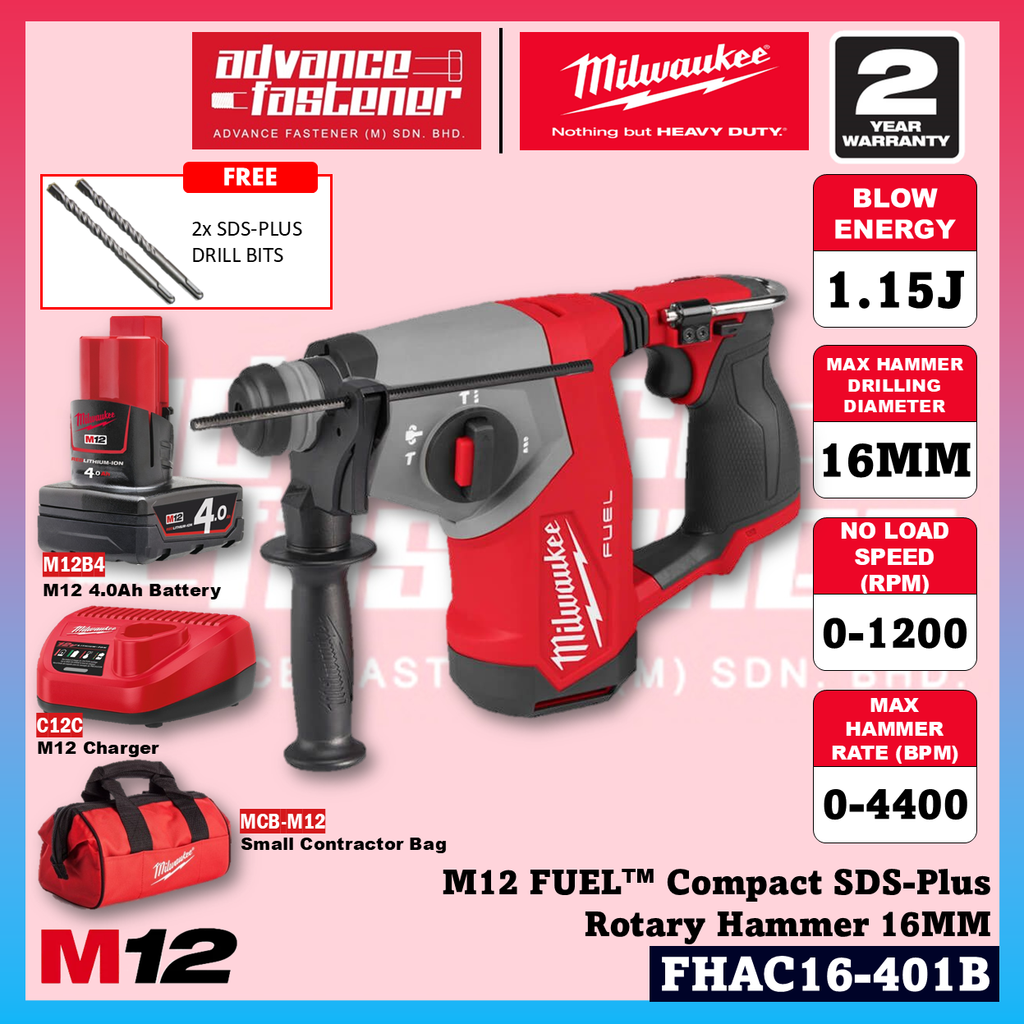 Milwaukee M12™ Compact Essential Kit ( FHAC16 M12 FUEL™ Compact SDS-Plus Rotary Hammer & BLPDRC M12™ Subcompact Brushless Percussion Drill )