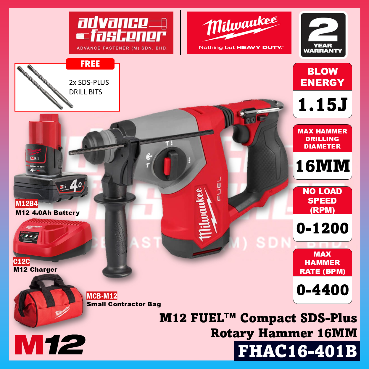 Milwaukee M12™ Compact Essential Kit ( FHAC16 M12 FUEL™ Compact SDS-Plus Rotary Hammer & BLPDRC M12™ Subcompact Brushless Percussion Drill )