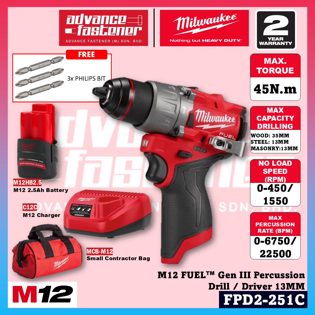 Milwaukee M12™ Mini But Mighty Kit ( FIW2F12 M12 FUEL™ Compact Impact Wrench & FPD2 M12 FUEL™ Gen III Percussion Drill / Driver )