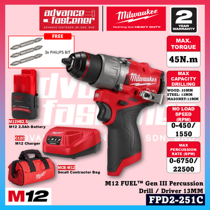 Milwaukee M12™ Mini But Mighty Kit ( FIW2F12 M12 FUEL™ Compact Impact Wrench & FPD2 M12 FUEL™ Gen III Percussion Drill / Driver )