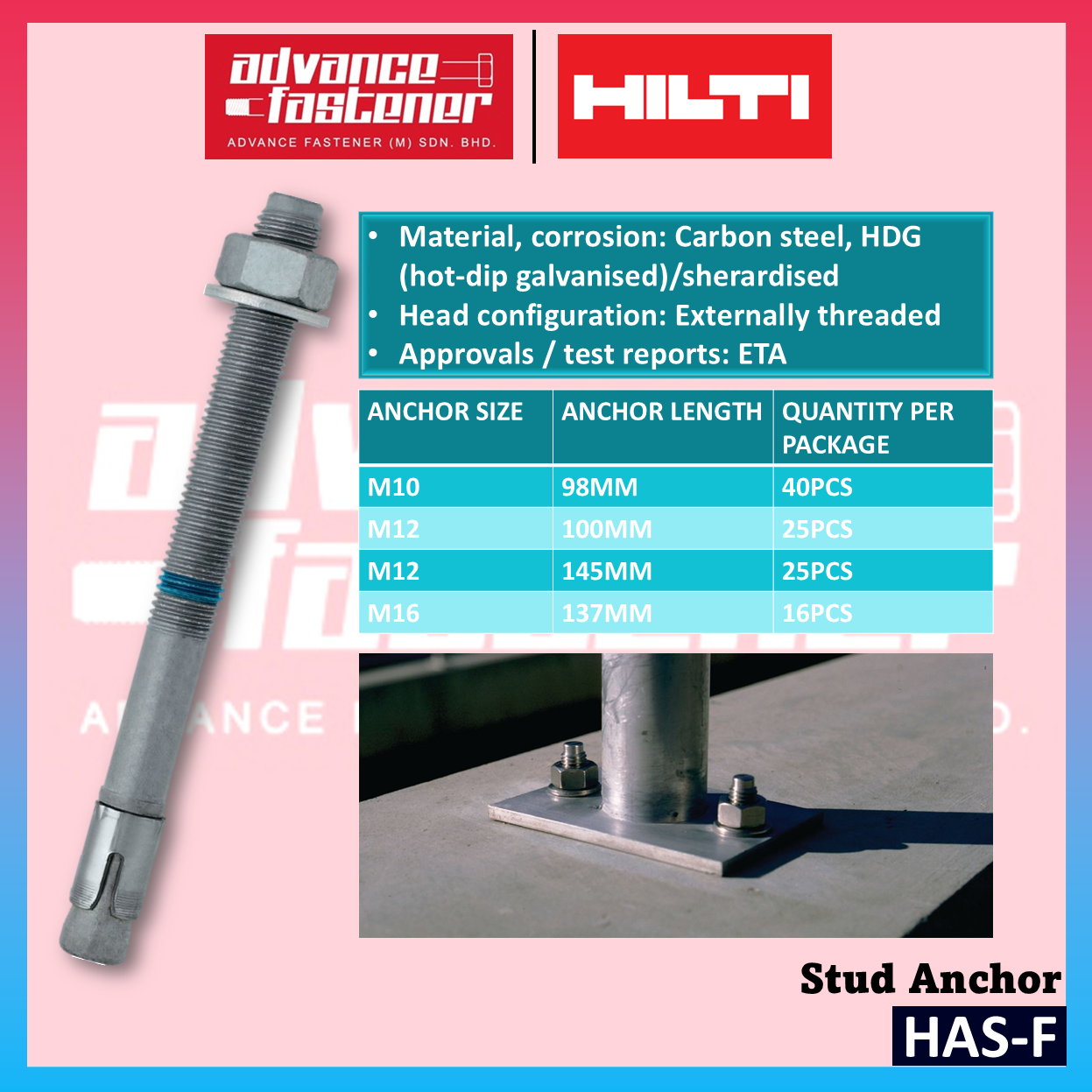 HILTI HSA-F Stud Anchor M10 x 98 / M12 x 100 / M12 x 145 / M16 x 137 (carbon steel, HDG) per package