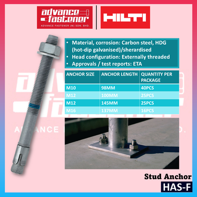 HILTI HSA-F Stud Anchor M10 x 98 / M12 x 100 / M12 x 145 / M16 x 137 (carbon steel, HDG) per package