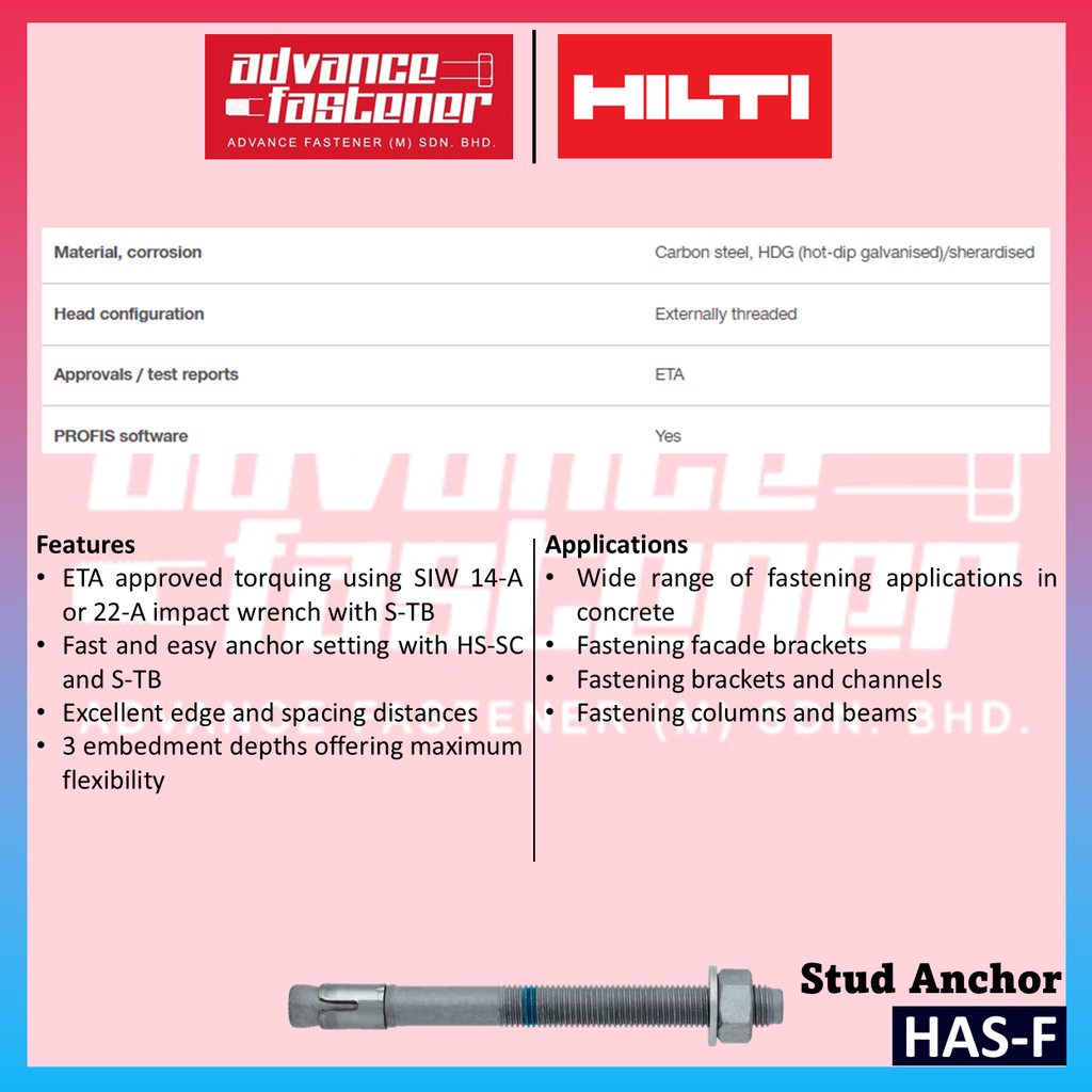 HILTI HSA-F Stud Anchor M10 x 98 / M12 x 100 / M12 x 145 / M16 x 137 (carbon steel, HDG) per package
