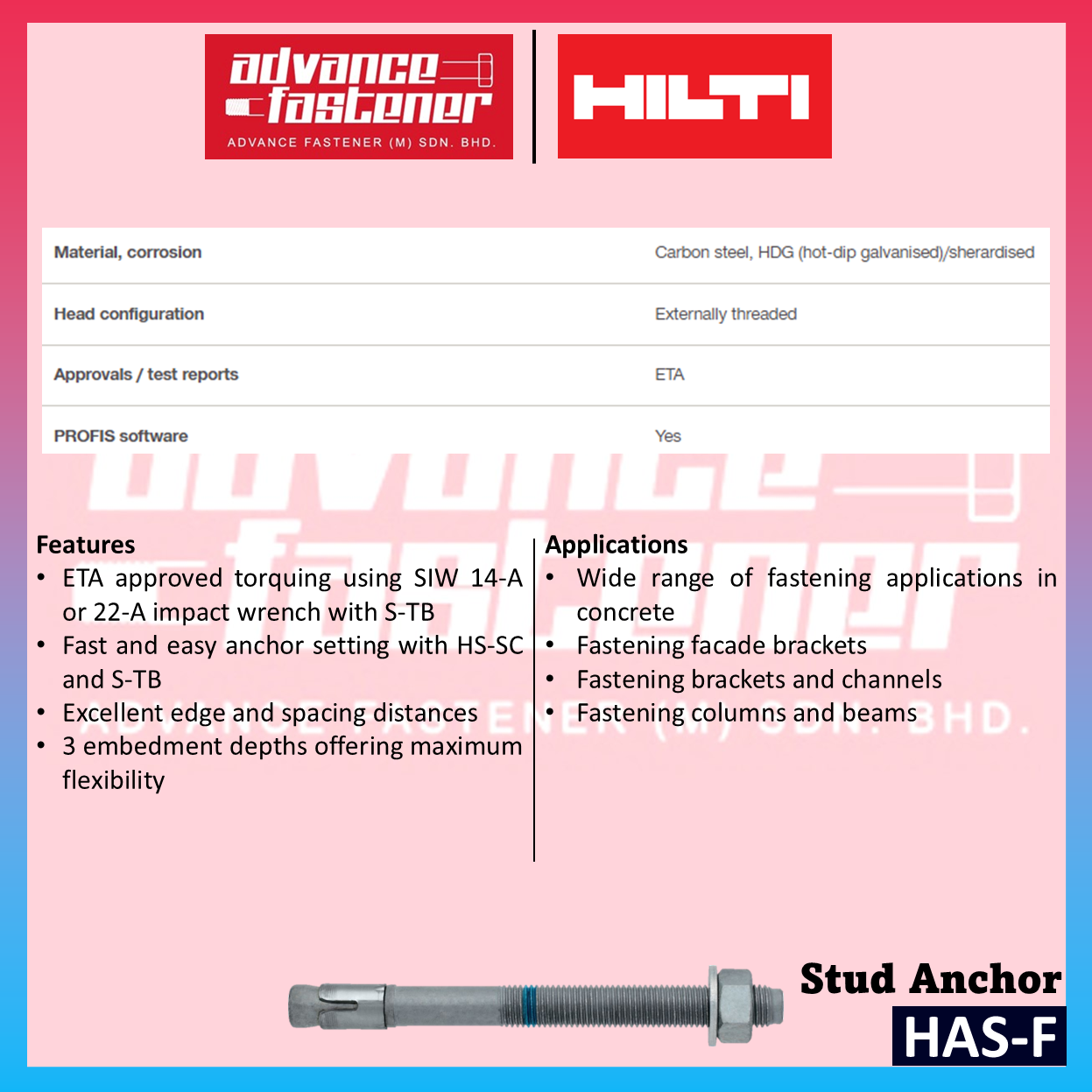 HILTI HSA-F Stud Anchor M10 x 98 / M12 x 100 / M12 x 145 / M16 x 137 (carbon steel, HDG) per package