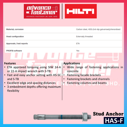 HILTI HSA-F Stud Anchor M10 x 98 / M12 x 100 / M12 x 145 / M16 x 137 (carbon steel, HDG) per package