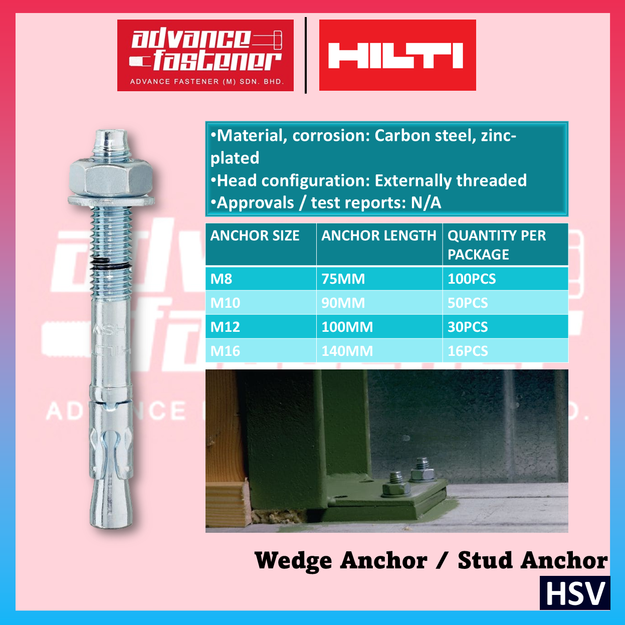 HILTI HSV Wedge Anchor / Stud Anchor M8 x 75 / M10 x 90 / M12 x 100 / M16 x 140 (carbon steel)