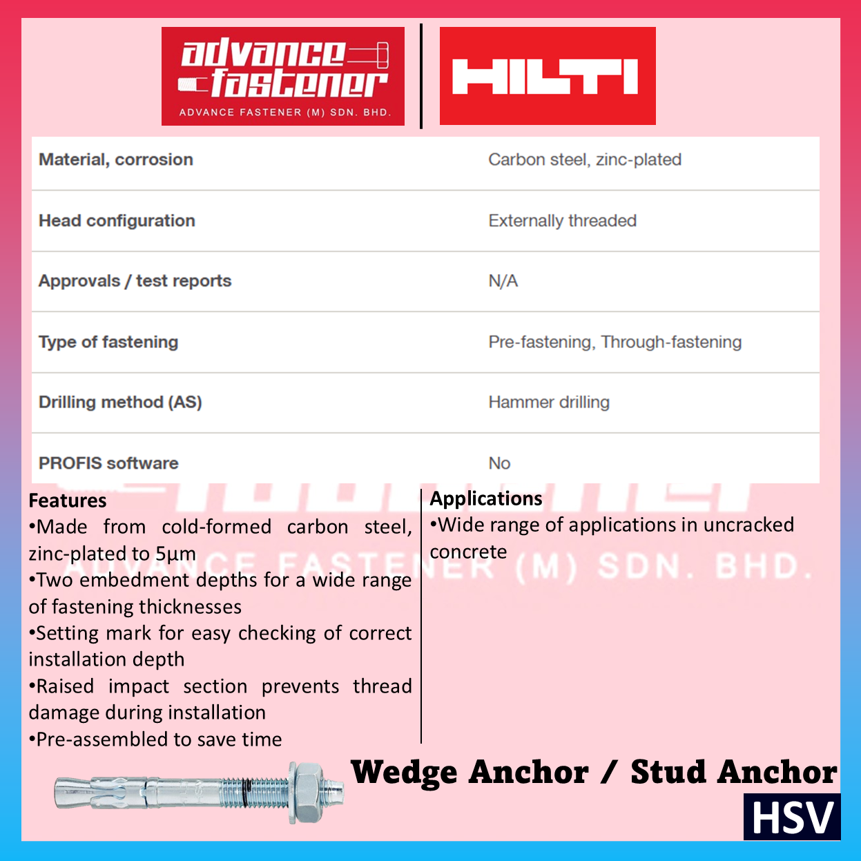 HILTI HSV Wedge Anchor / Stud Anchor M8 x 75 / M10 x 90 / M12 x 100 / M16 x 140 (carbon steel)