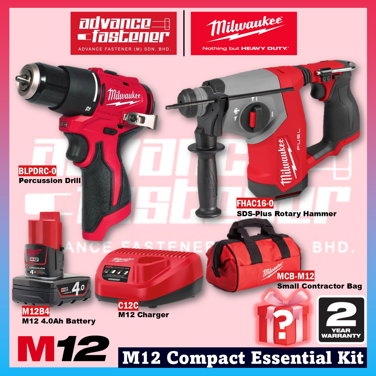 Milwaukee M12™ Compact Essential Kit ( FHAC16 M12 FUEL™ Compact SDS-Plus Rotary Hammer & BLPDRC M12™ Subcompact Brushless Percussion Drill )