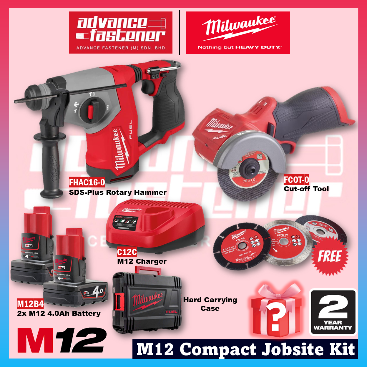 Milwaukee M12™ Compact Jobsite Kit ( FHAC16 M12 FUEL™ Compact SDS-Plus Rotary Hammer & FCOT M12 FUEL™ Sub-compact Multi Material Cut-off Tool )