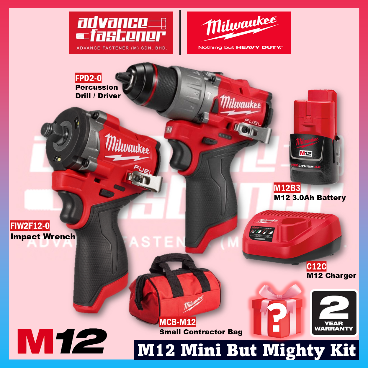 Milwaukee M12™ Mini But Mighty Kit ( FIW2F12 M12 FUEL™ Compact Impact Wrench & FPD2 M12 FUEL™ Gen III Percussion Drill / Driver )