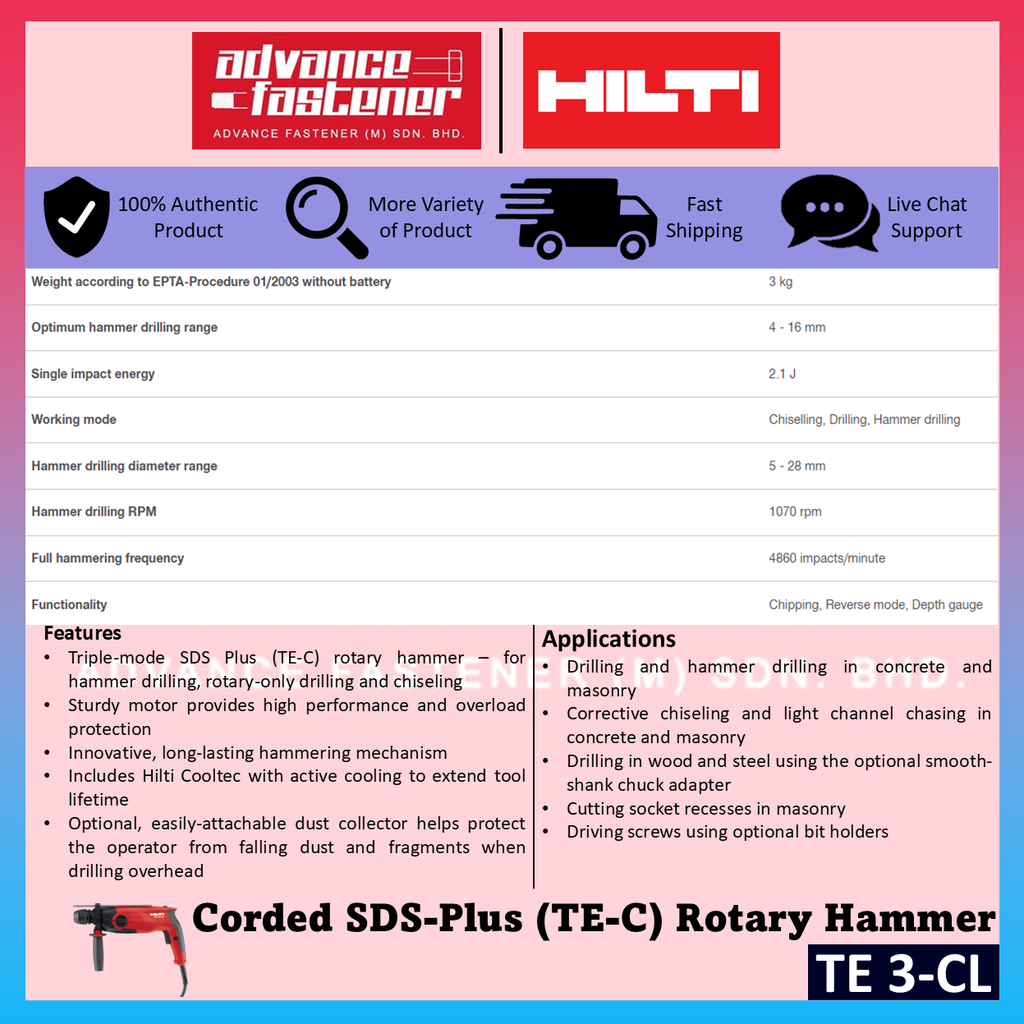 HILTI TE 3-CL SDS Plus Rotary Hammer 2.1J