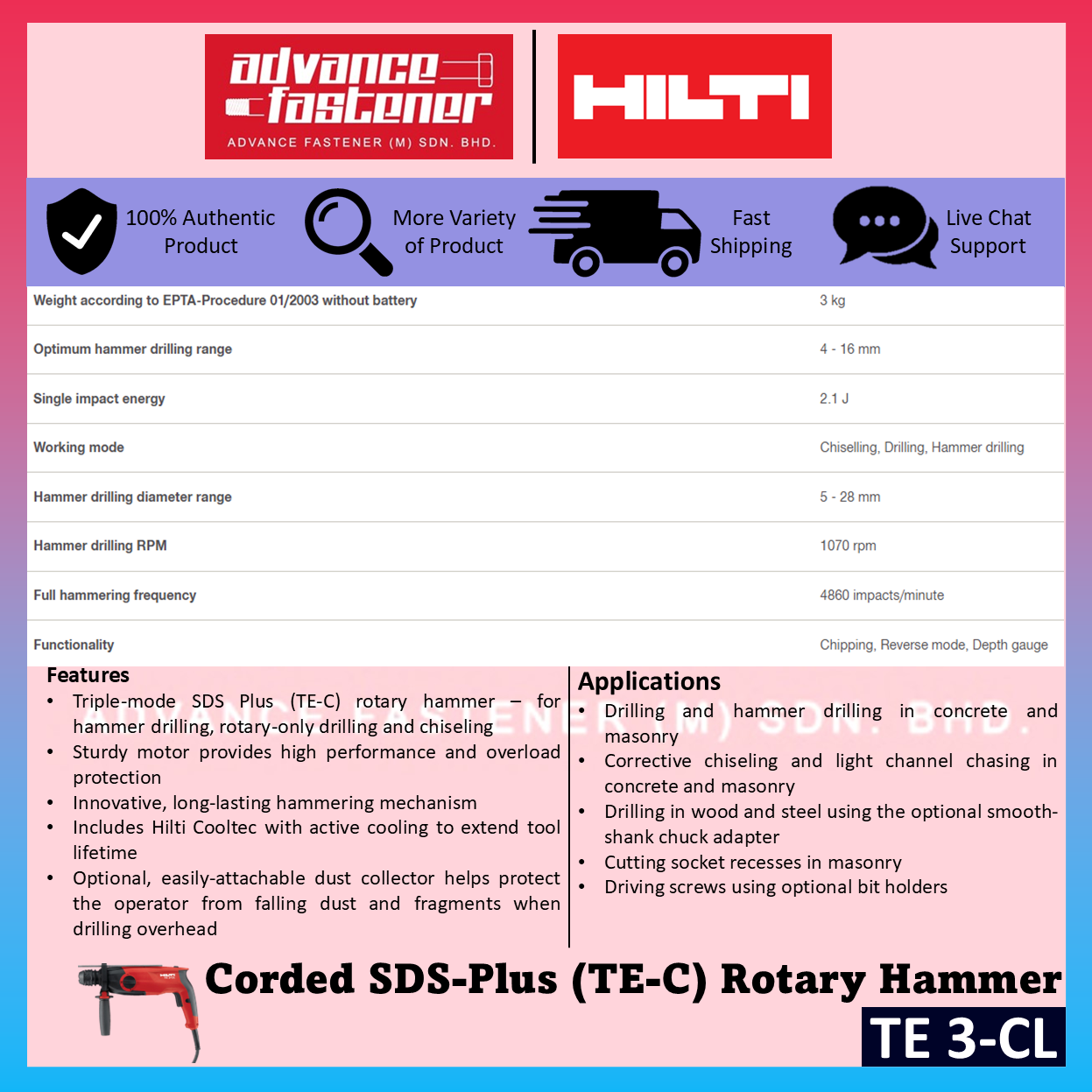 HILTI TE 3-CL SDS Plus Rotary Hammer 2.1J
