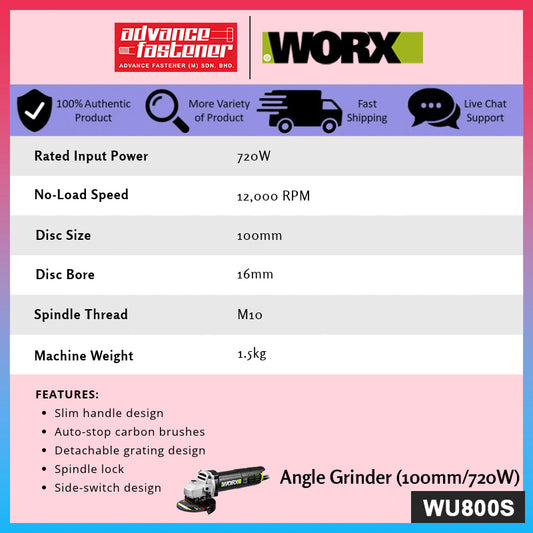 WORX WU800S 720W Corded Angle Grinder 100MM (4")