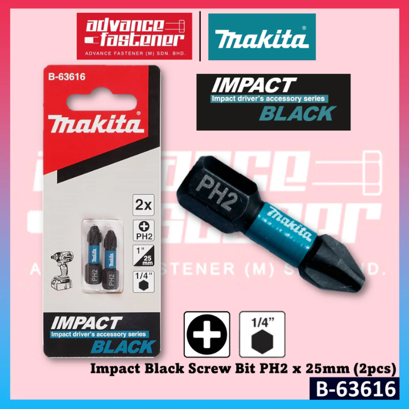 Makita B-63616 Impact Black Screw Bit PH2 x 25mm (2pcs)