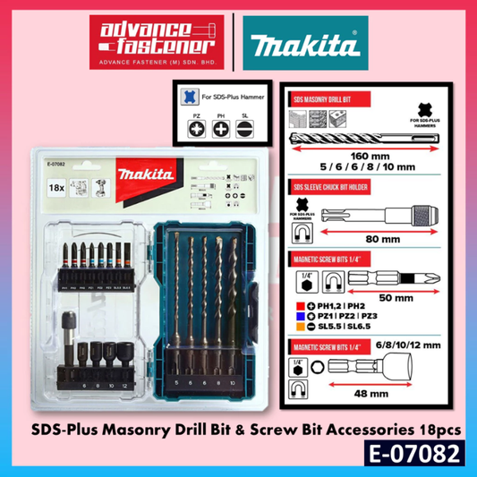 Makita Accessories E-07082 SDS-Plus Masonry Drill Bit & Screw Bit Accessories 18pcs
