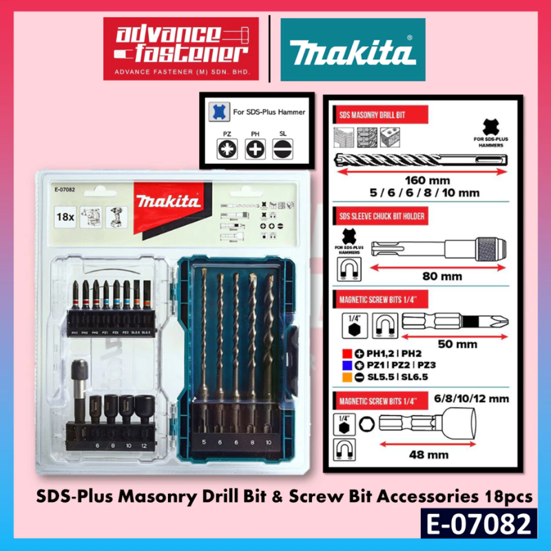 Makita Accessories E-07082 SDS-Plus Masonry Drill Bit & Screw Bit Accessories 18pcs