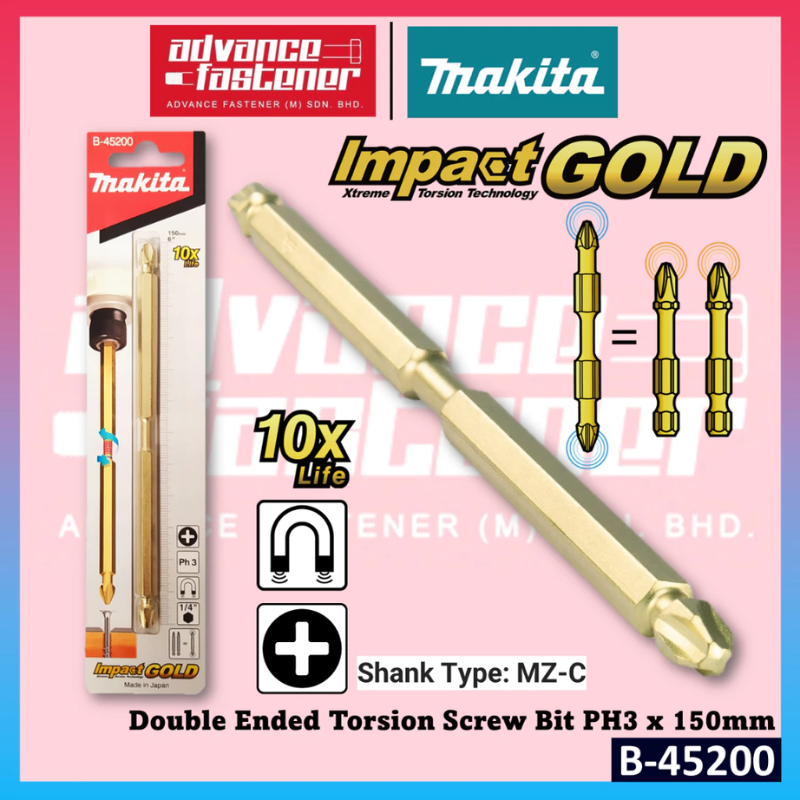 Makita B-45200 IMPACT GOLD Double Ended Torsion Screw Bit PH3 x 150mm Shank Type: MZ-C