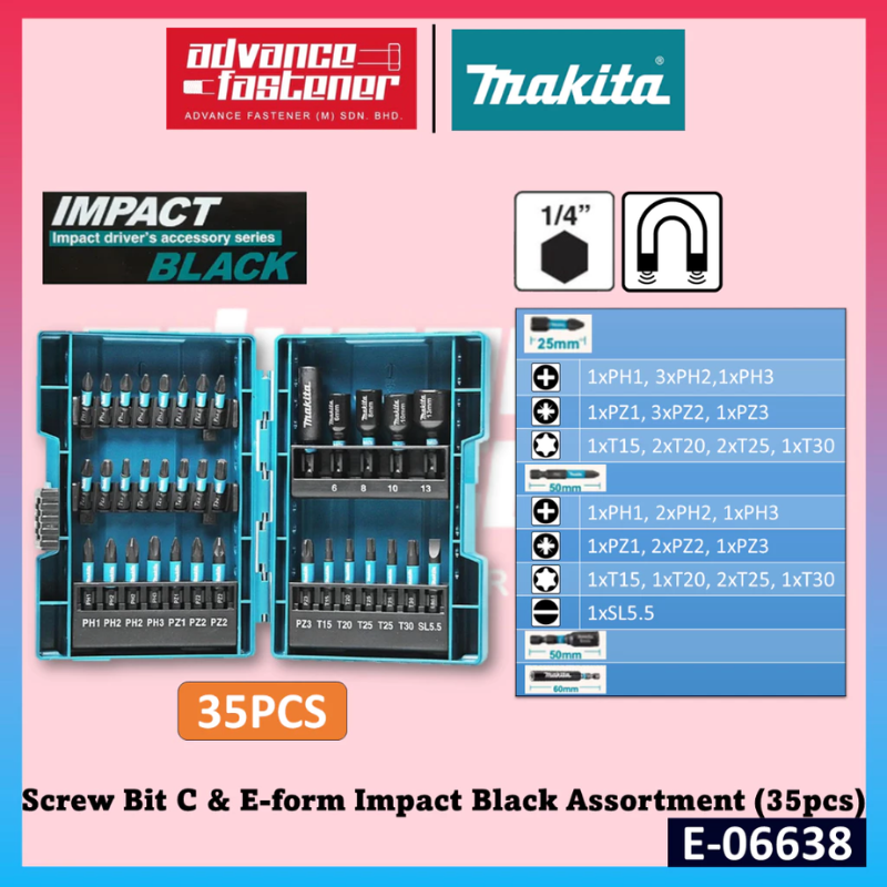 Makita Accessories E-06638 Screw Bit C & E-form Impact Black Assortment (35pcs)