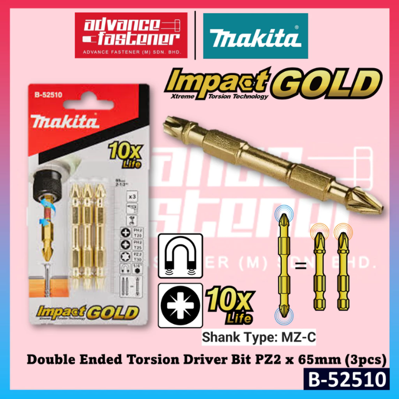 Makita B-52510 IMPACT GOLD Double Ended Torsion Driver Bit PZ2 x 65mm (3pcs) Shank Type: MZ-C