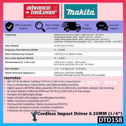 MAKITA DTD158WVE / DTD158Z 18V Cordless Impact Driver 6.35MM (1/4")