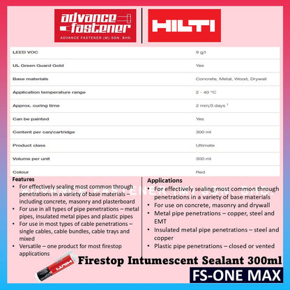 Hilti FS-ONE MAX Firestop Intumescent Sealant 300ml (Small Bottle) 【 Firestop sealants 】