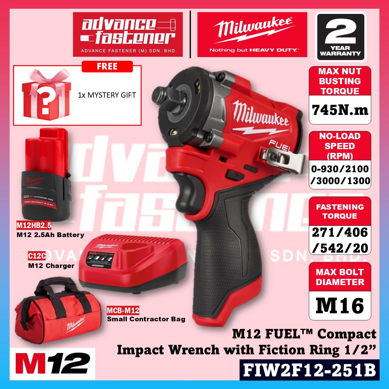 Milwaukee FIW2F12-251B / FIW2F12-0 M12 FUEL Compact Impact Wrench with Friction Ring 1/2" 745N.m