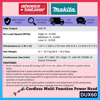 MAKITA DUX60ZM3 / DUX60Z 18Vx2 Cordless Multi Function Power Head w/ EM403MP Brush Cutter Couple Shaft Attachment