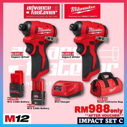 Milwaukee M12 ULTRA GO Brushless Combo Set / BLPDRC M12 Subcompact Brushless Percussion Drill / BLIDRC M12 Subcompact Brushless Impact Driver