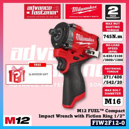 Milwaukee FIW2F12-251B / FIW2F12-0 M12 FUEL Compact Impact Wrench with Friction Ring 1/2" 745N.m