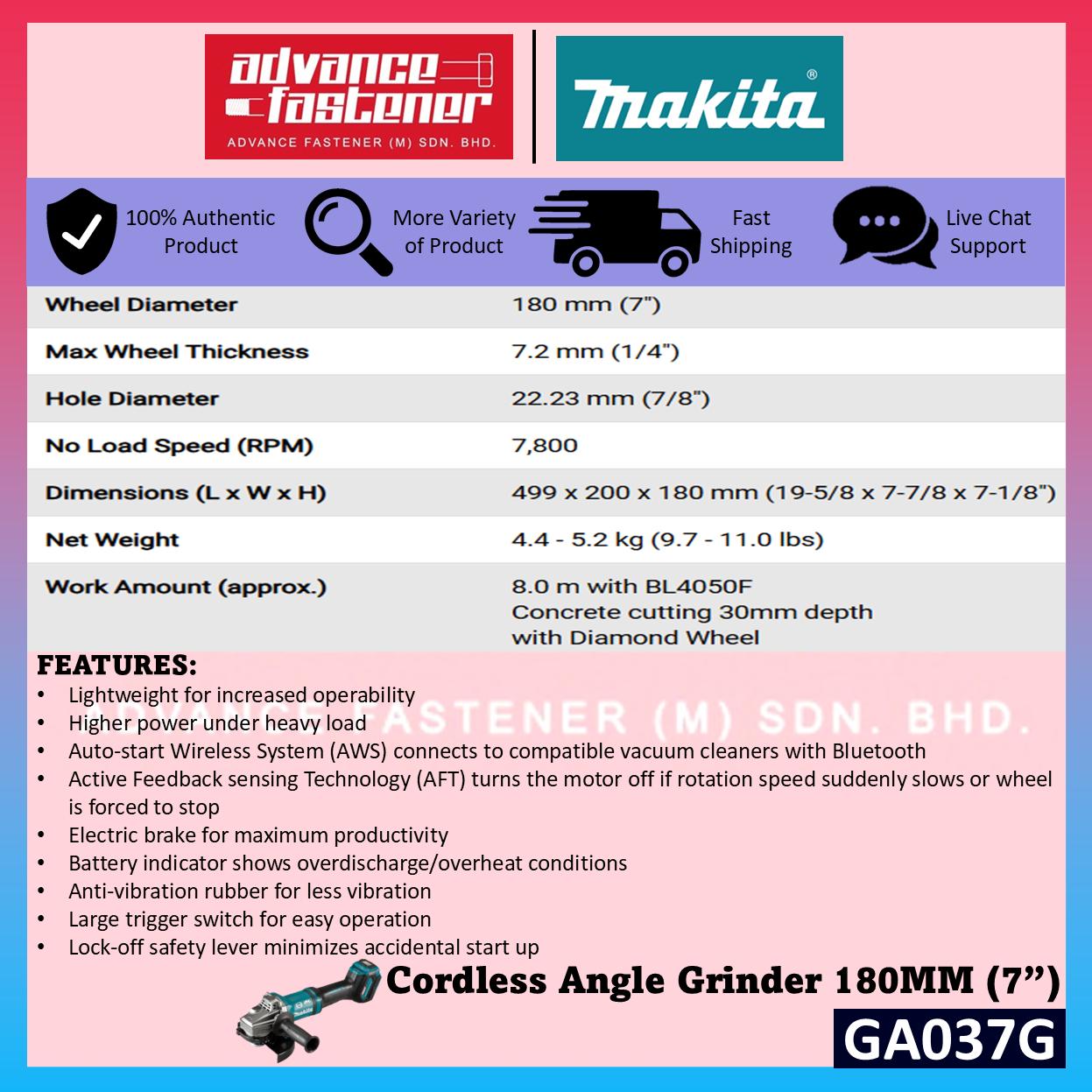 MAKITA GA037GZK 40Vmax Cordless Angle Grinder 180MM (7") ( Paddle Switch )