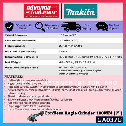 MAKITA GA037GZK 40Vmax Cordless Angle Grinder 180MM (7") ( Paddle Switch )